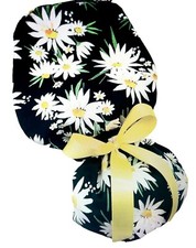 Ponytail Scrub cap, large white daisies working cap with tie backs Size fits all