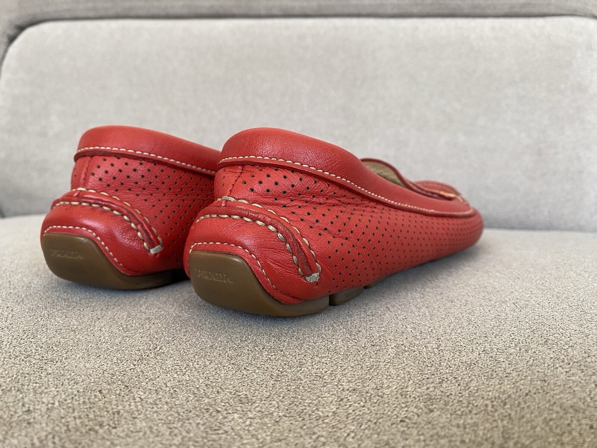 Prada Red Perforated Leather Penny Slip On Loafers Size 40 1 
