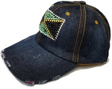 Jamaica Rhinestone Baseball Cap Jamaican Jean Denim Sun Hat Bling Dark Blue Flag