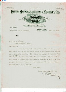 Vintage Illustrated Letterhead TOWER MANUFACTURING & NOVELTY CO 1910 NY Duane St