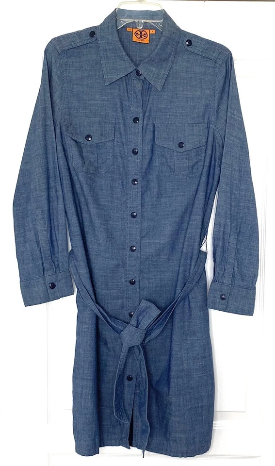 TORY BURCH Chambray Blue Brigitte Belted Waist Tie Button-Up Shirt-Dress 10 = M - Image 3 of 4