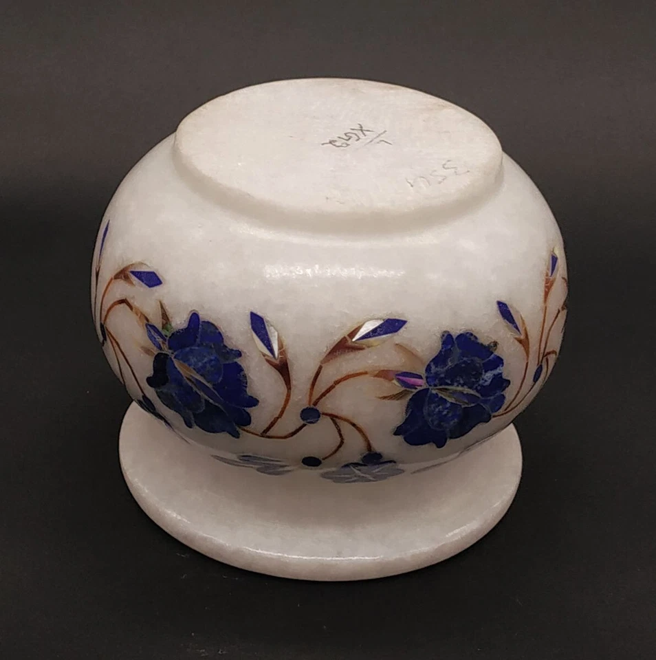 Jarrón de piedra de mármol 3" incrustación de lapislázuli trabajo maceta redonda mesa decoración regalo Foto 3 de 3