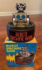 Vintage 1980s Wind-Up Robot Machine Bank w/ Box  Working