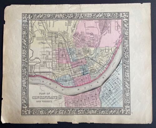 1860 S. Augustus Mitchell Jr. Hand Colored Plan of Cincinnati and Vicinity - Picture 1 of 8