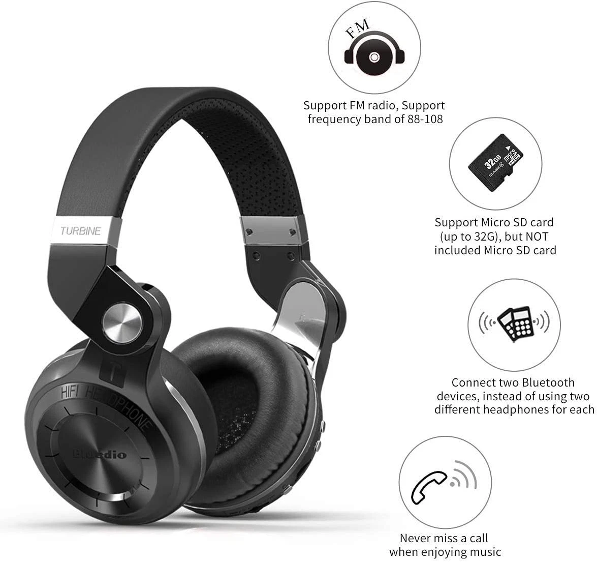 T2 plus Turbine Wireless Bluetooth Headphones with Mic Micro SD