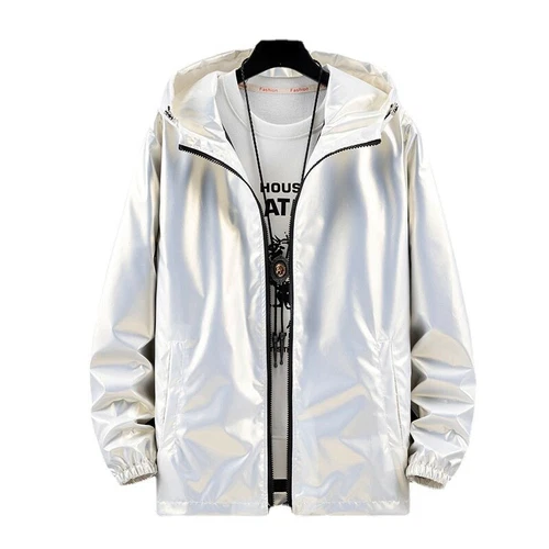 Herren glänzende Jacke Kapuze Mantel holografisch Harajuku Mode Top Freizeit - Bild 5 von 23
