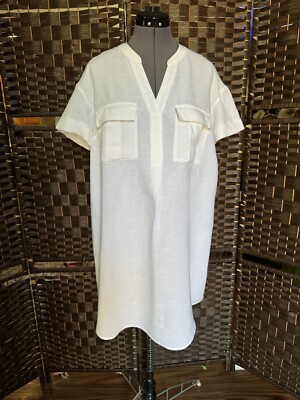 Sz 4 S H&M Linen Shirt Dress White Short Sleeves Pockets V Neck Loose Fit | eBay Sz 4 S H&M Linen Shirt Dress White Short Sleeves Pockets V Neck Loose Fit | eBay