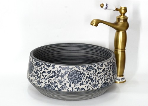 Lavabo redondo vintage con encimera de cerámica para baño azul blanco patrón floral - Imagen 20 de 29