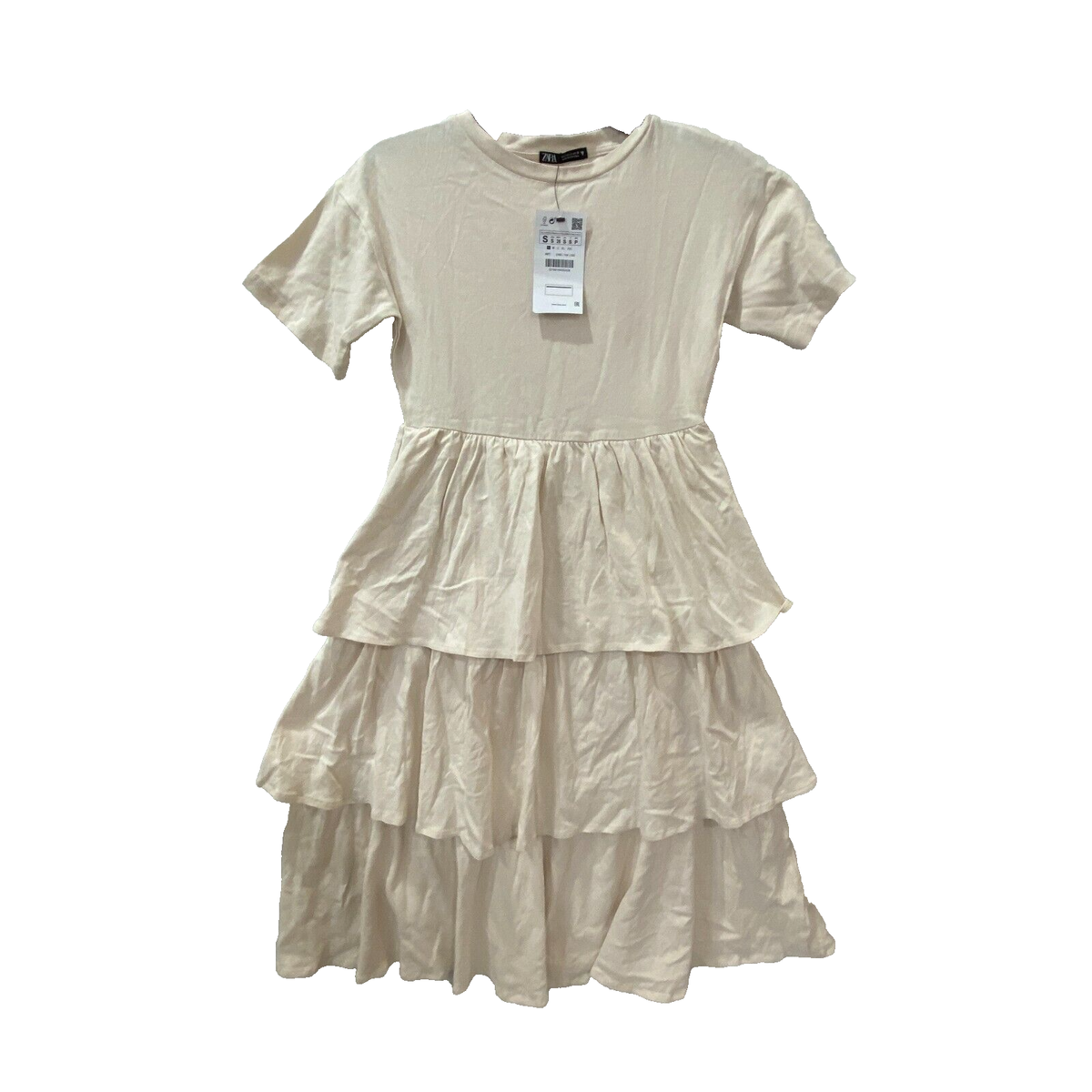 Zara T-Shirt Dress Woman's Small Tiered Ruffle Midi Ivory Short Sleeve Cotton Zara T-Shirt Dress Woman's Small Tiered Ruffle Midi Ivory Short Sleeve Cotton