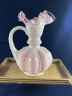 Vtg. 1940's Fenton Glass Beaded Melon Pitcher Dusty Rose Ruffled Edge 6½"
