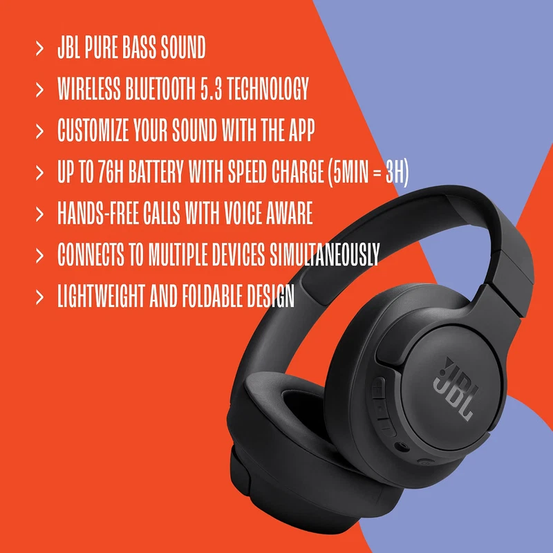 Cuffie Wireless Bluetooth JBL TUNE 720 BT Musica senza Cavo con Microfono Nero, fotografia 10 di 10