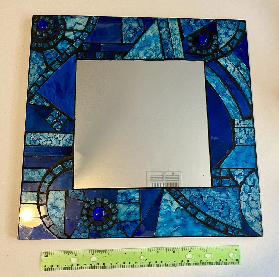 Blue and White Glass Tile Mosaic Square Mirror - Image 3 of 4