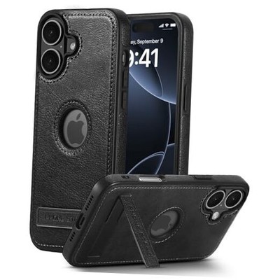 Leather Case for iPhone 16 Case, Protective Slim with Kickstand Shockproof 
