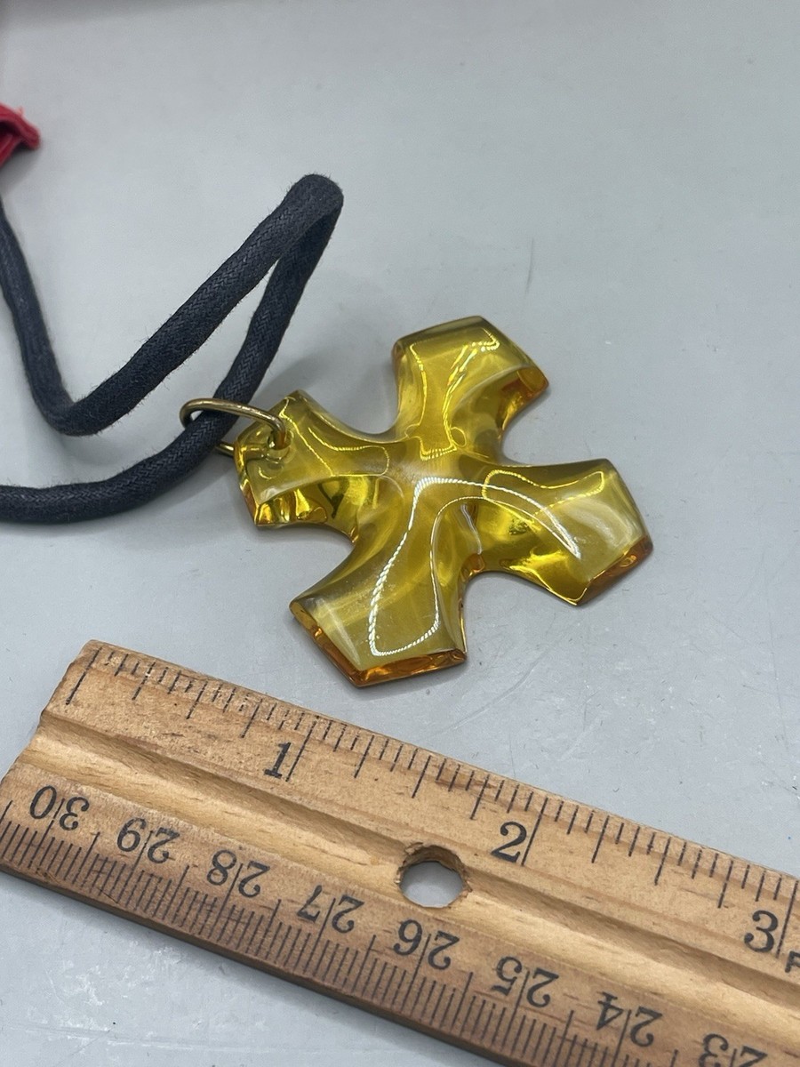 BACCARAT SIGNED AMBER TONE MALTESE CROSS GLASS BLACK CORD NECKLACE