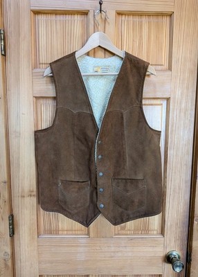 VTG Suede Leather Sherpa Vest Mens 44 SIMCO Brown Lined Snap Western FLAWED