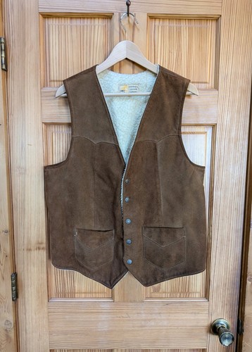VTG Suede Leather Sherpa Vest Mens 44 SIMCO Brown Lined Snap Western FLAWED