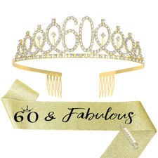 60Th Birthday Gift Set for Women - Crown, Fabulous Sash, Pearl Pin