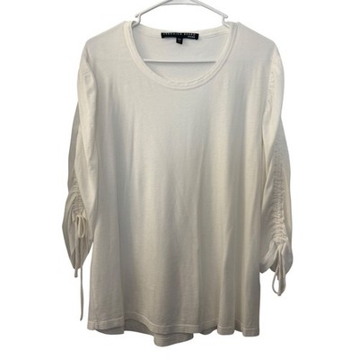 Veronica Beard Jeans White Pima Cotton Ruched Tie Sleeve Scoop Neck Tee XL