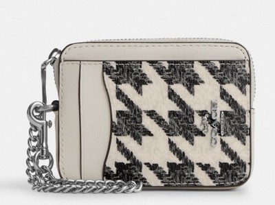 NWT COACH Zip Card Case In Canvas With Houndstooth Print Chalk/Black CK442 $118
