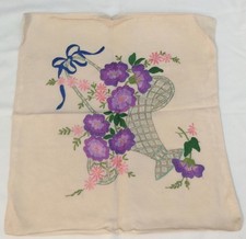 Vintage Handmade Floral Embroidered Pillow Cover 18x19 