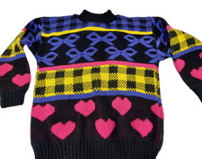 Vintage RJ Pumpkin Sweater Youth Made in USA Colorful Acrylic Hearts Bows Black