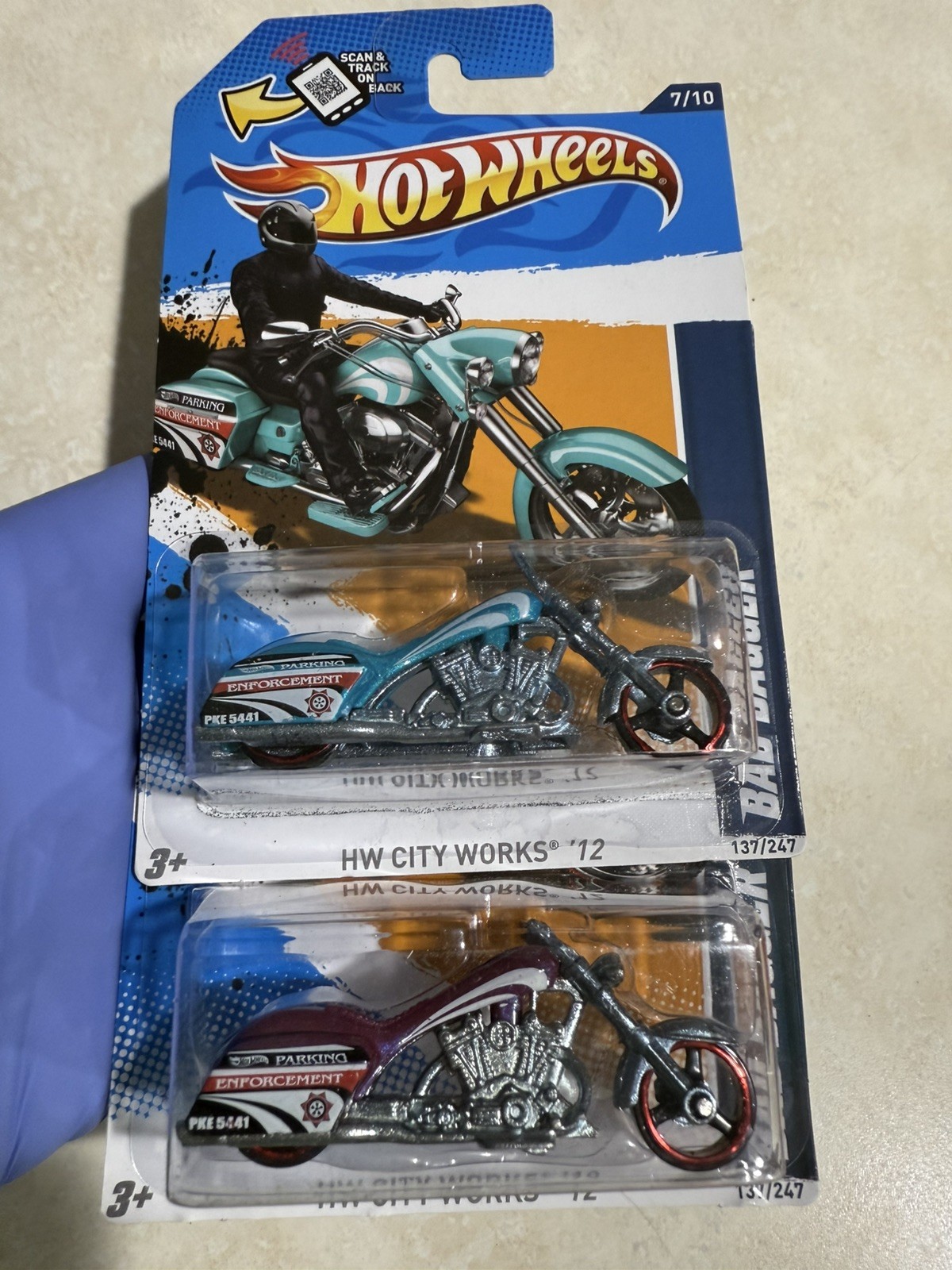 2 variations - 2012 Hot Wheels motorcycle ￼- Bad Bagger - Blue & Magenta 🔥 