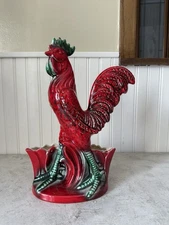Vintage ROYAL HAEGER Pottery Rooster Red & Green Planter Vase 14” x 10” 1950’s