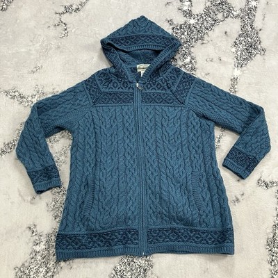 Aran Crafts Merino Wool Cable Knit Hoodie Sweater Blue Ireland Womens Sz Large