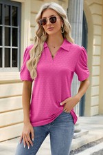 Women's Blouse - Eyelet Johnny Collar Puff Sleeve Blouse