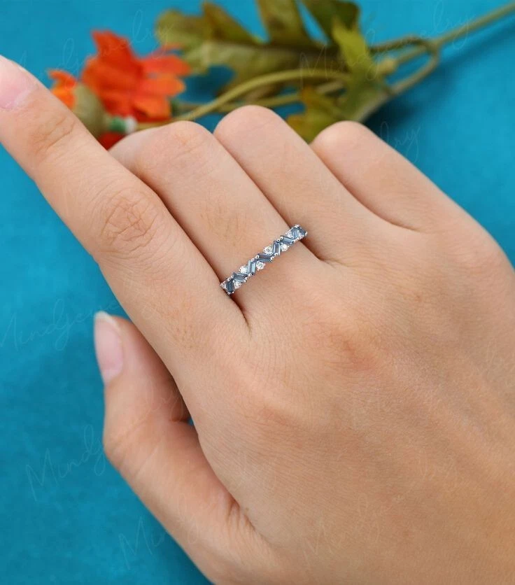 0.60TCW Simulated Blue Topaz & Moissanite In 10K White Gold Women Eternity Ring - Image 3 of 4