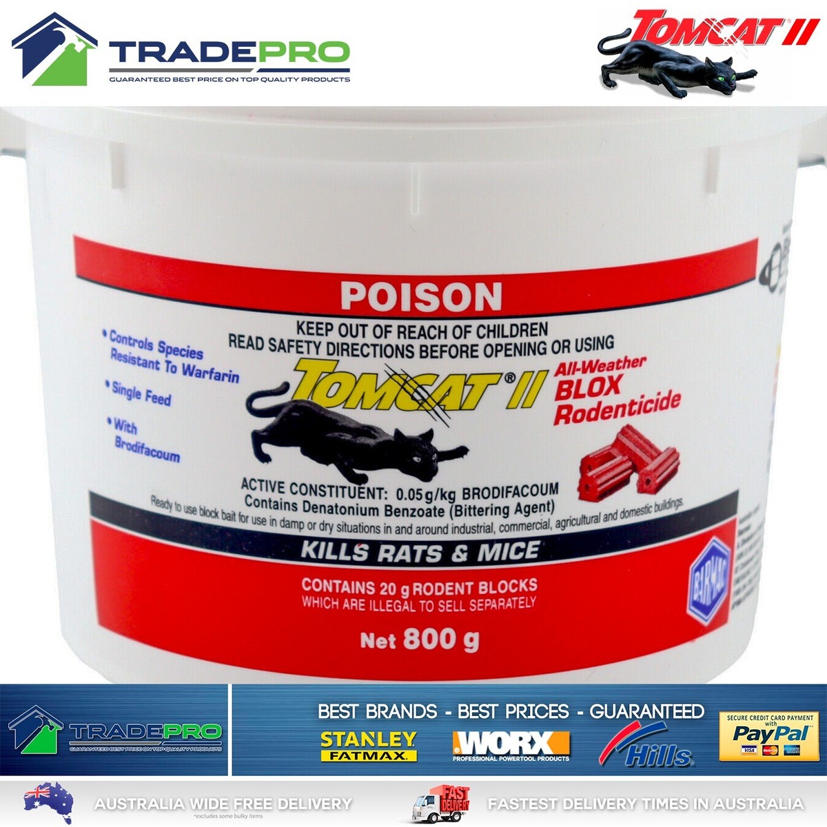 Tomcat II Ultra Fast Blox 800g Red Rat Bait Mouse Trap Poison