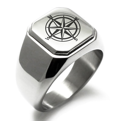 Stainless Steel Nautical Star Compass Mens Square Biker Style Signet Ring