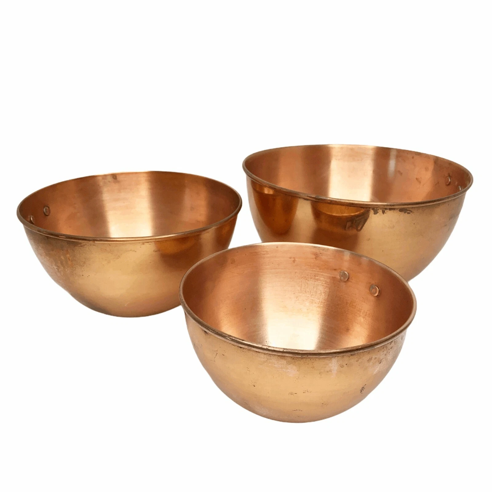 Vintage Solid Copper Mixing Bowls Rolled Edge Thumb Ring Nesting Bowls Taiwan