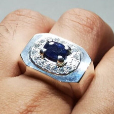 Blue Sapphire Stone With White Zircons Around Promise Ring Sapphire Gift 925