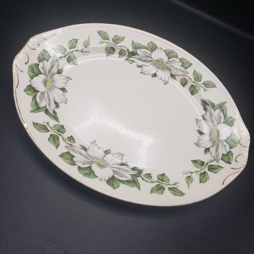 Homer Laughlin Cotillion Ovale Servierplatte 13" Magnolienmuster Goldrand Vintage