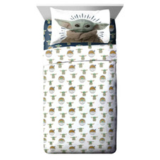 Star Wars Baby Yoda Powerful Child 4-Piece Kids Full Sheet Set - White, New