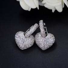 Silver Plated Cubic Zirconia Heart Drop Huggie Hoop Earrings Women Jewelry Gift