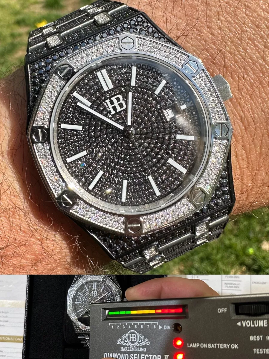 Real Black White Panda MOISSANITE Mens Watch Iced Skeleton Back 44mm Hip Hop