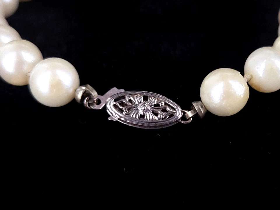 Vintage 14k Oro Bianco 6mm Perla Annodati a Mano 70s Collana con Perline 57.1cm - Immagine 4 di 4