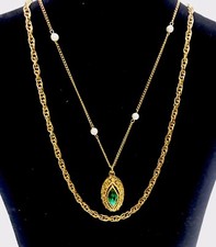 Long Vintage Layered Two Chains Pearls Necklace Green Crystal Egg Shaped Pendant