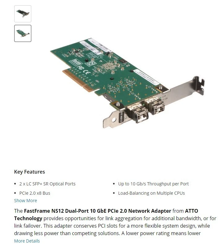 ATTO FastFrame FF-NS12 2-Port LC SFP+ 10GbE PCIe2.0 Network Adapter FULL Profile - Image 2 of 4