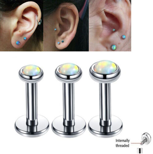 16G 1/4" INTERNALLY THREADED WHITE OPAL STEEL LABRET EAR TRAGUS DAITH HELIX STUD - Picture 1 of 4