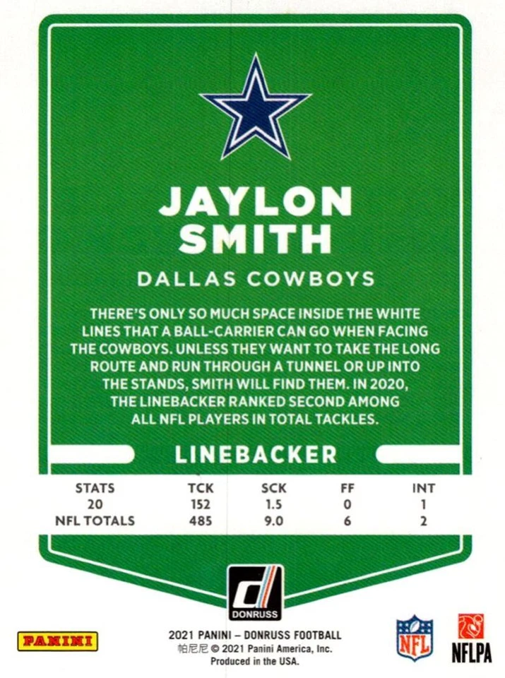 2021 Donruss Press Proof Blue Jaylon Smith Dallas Cowboys #191 - Image 2 of 2