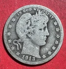 1913 US Barber SILVER Quarter "Philadelphia" Mint! Low Mint! KEY DATE! 485K Good