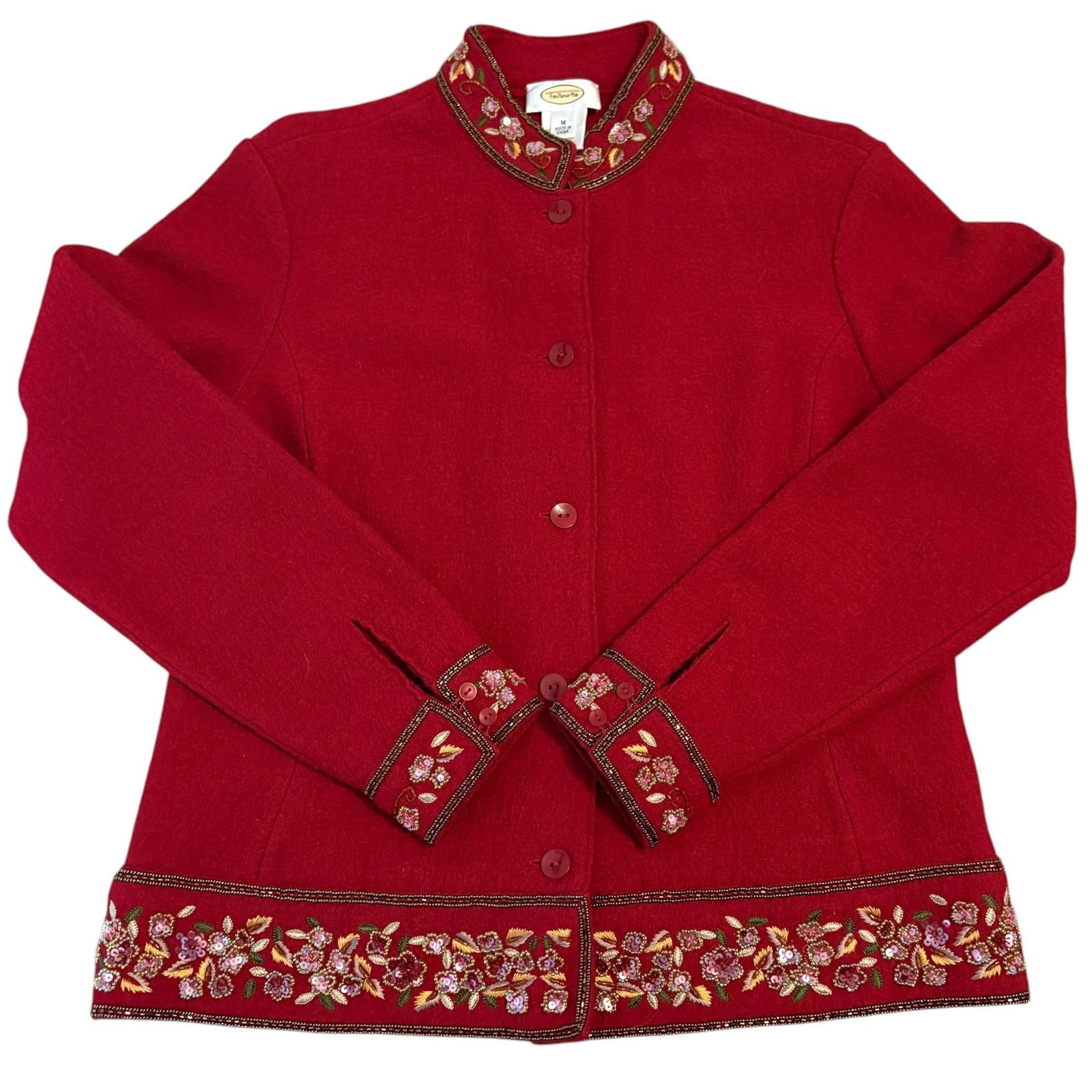 Talbots, Talbots Vintage M 100% Wool Jacket Red Floral Embroidered Beaded Festive Grandma
