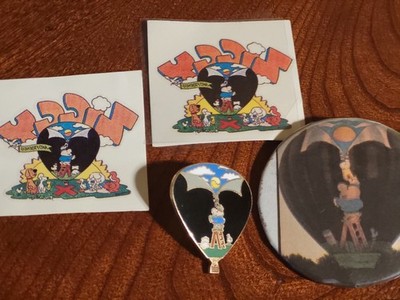 Ziggy Hot Air Balloon Enamel Pin + Button + Temp Tattoo Vtg RARE Collectible 