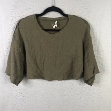 Grade & Gather Shirt Womens Large Green Cotton Linen Waffle Crop Top Boho