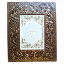 Vintage Floral Brass Embossed Photo Frame 5x7  Handcrafted Antique Look Picture