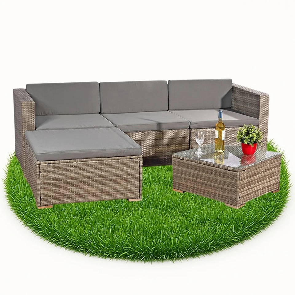 Sitzgruppe 5tlg. Garten Ecksofa Lounge + Tisch + Polster Rattanmöbel Grau Set