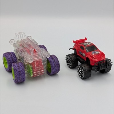Monster Truck Toy Set Red Racing Car and Clear Stunt Vehicle with Large Wheels